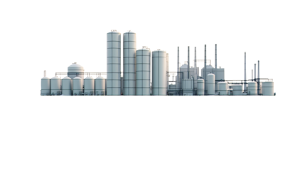 Industrial facility rendering, processing plant structure, refinery model, cut out transparent
