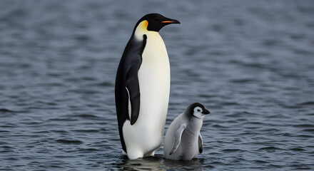 Fototapeta premium Emperor penguin with chick wading in water, showcasing parental bond and wildlife