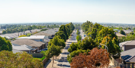 Panoramic aerial view of Point Cook, a suburban Melbourne, Australia neighborhood, featuring a...