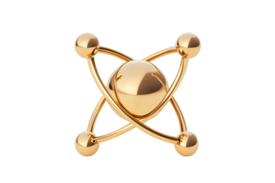 Shiny gold atom model rendering with spheres and curves , cut out transparent