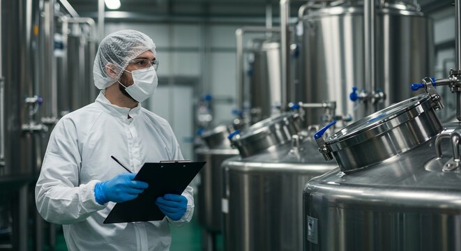 Male Scientist in Sterile Protective Gear Taking Notes on Clipboard in Modern Pharmaceutical or Food Production Facility with Stainless Steel Tanks