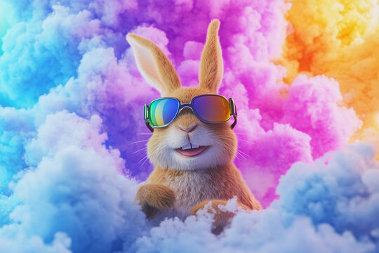 Rabbit in sunglasses surrounded by colorful clouds Generative AI