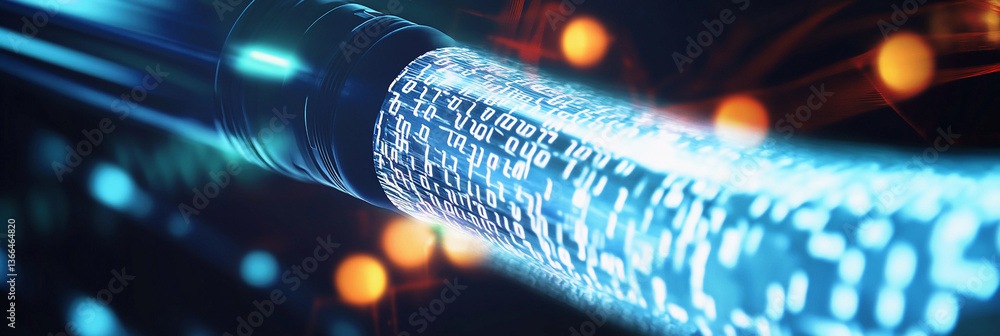 Poster data stream flowing through fiber optic cable under bright lights generative ai