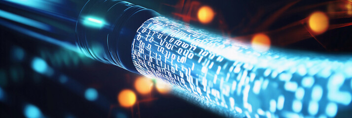 Data stream flowing through fiber optic cable under bright lights Generative AI