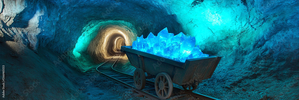 Poster Glowing crystals in mining cart deep within crystal cavern Generative AI
