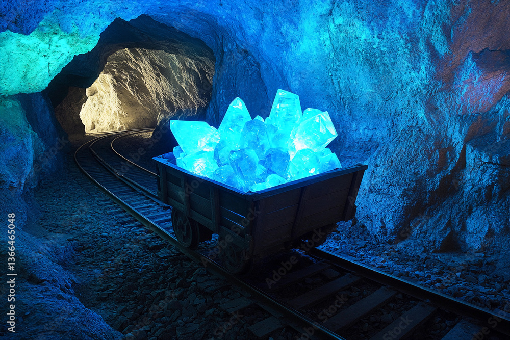 Poster glowing crystals fill mining cart in underground mine generative ai