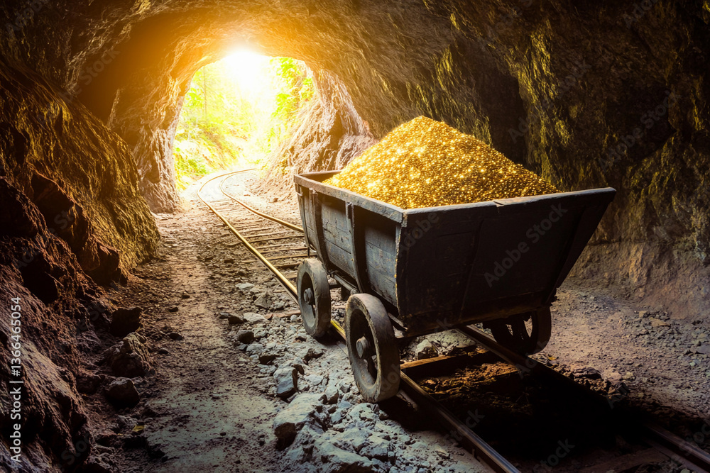 Poster Golden treasure cart loaded with riches in a mining tunnel Generative AI