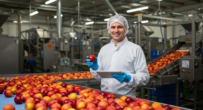 Confident Food Production Worker in Cleanroom Clothing Inspects Nectarines on Conveyor Belt Using Tablet, Modern Fruit Processing Plant