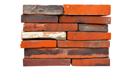 Stacked weathered bricks with imperfections, cut out transparent