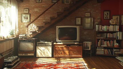 Cozy vintage living room with brick walls and antique furniture. Sunlight streams in, illuminating the space