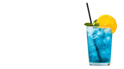 Blue lagoon cocktail in glass with straw, orange slice, mint, cut out transparent