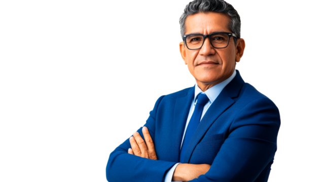 Serious businessman with arms crossed looking at camera, cut out transparent