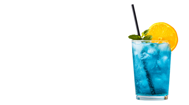 Blue lagoon cocktail in glass with straw, orange slice, mint, cut out transparent
