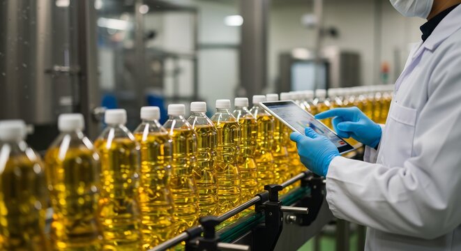 Quality Control Specialist Using Tablet PC to Monitor Vegetable Oil Bottling Production Line in Modern Food Processing Factory