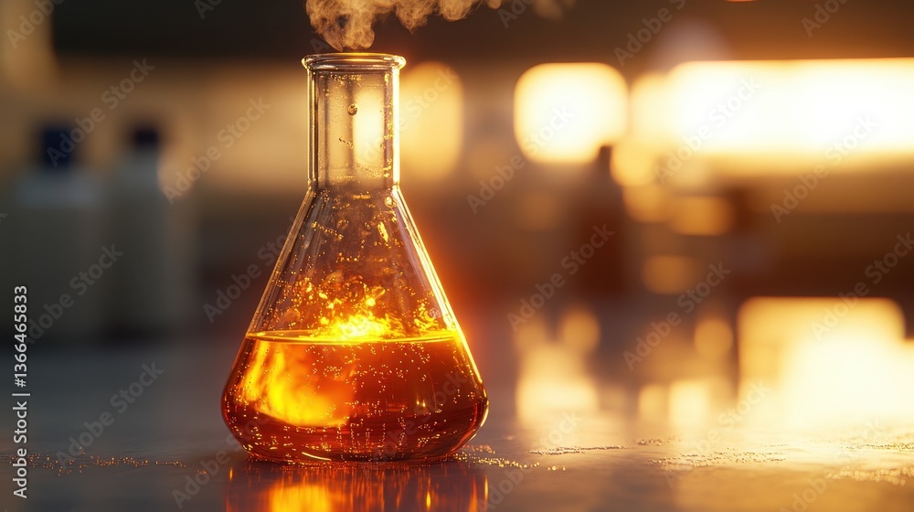 Poster glass flask contains bubbling orange liquid with vapor on the lab desk. use this science image for e