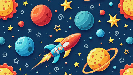 Colorful rocket soaring through vibrant space with planets