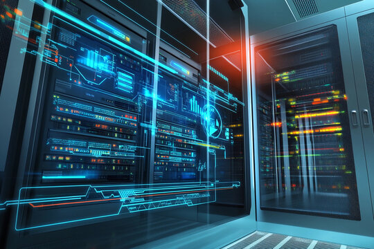 Advanced server room with holographic interface technology Generative AI