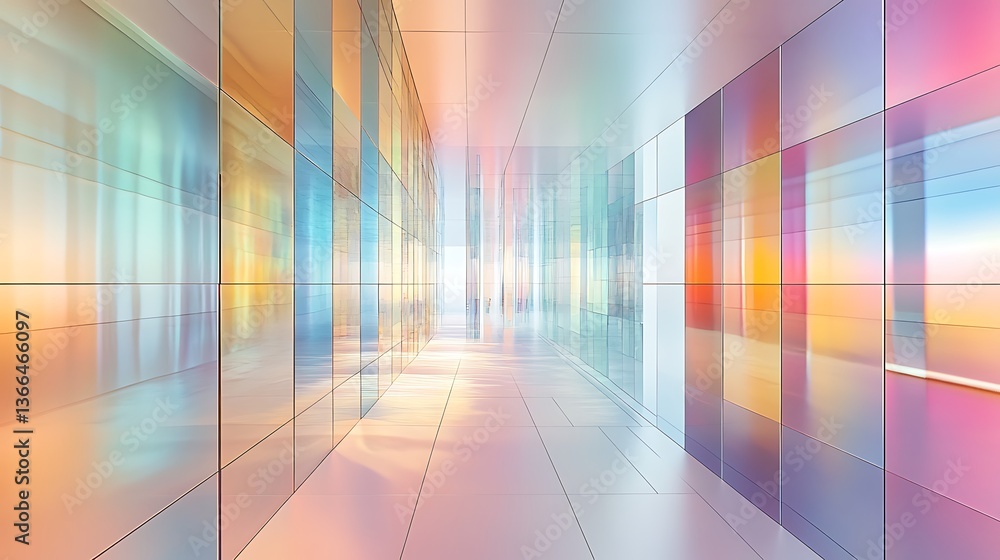 Poster modern corridor with reflective panels and colorful reflections creating a futuristic and vibrant ar