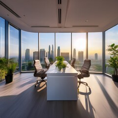 Modern Office Interior: Contemporary office space with panoramic city views. The interior features a modern design with natural light.