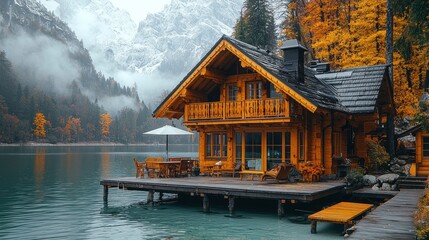 Lakeside wooden chalet in autumn