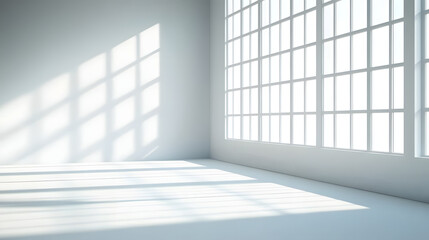 A clean, white room with sunlight streaming in through the window, casting shadows on an empty wall