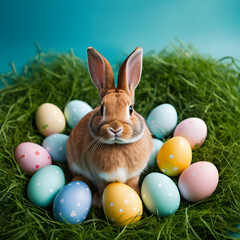 Adorable Easter Bunny Surrounded by Colorful Easter Eggs in Green Grass