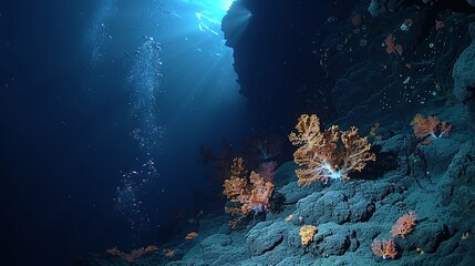 Fototapeta premium Deep Sea Hydrothermal Vent Gardens Life Without Sunlight Illustrate eerie hydrothermal vent ecosystem where deep sea plants and fungi thrive in complete darkness relying on chemosynthesis for survival