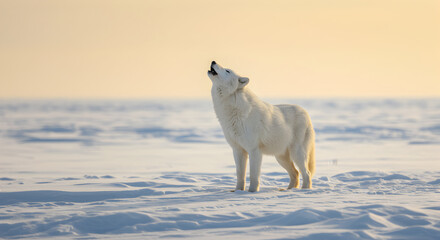 Majestic Arctic Wolf Howling Under a Pale Midday Sun in a Frozen Landscape
