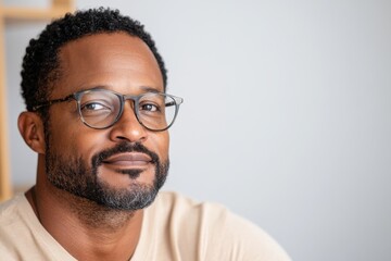 Obraz premium A confident man with glasses is smiling warmly at the camera, capturing a moment of self-assuredness and positivity in a minimalist background, representing self-expression.