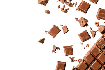Deconstructed chocolate pieces with full bar, studio food shot, cut out transparent