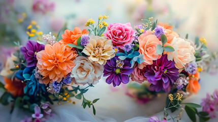 An artistic depiction of a flower crown made of colorful blooms, ideal for festivals and celebrations.