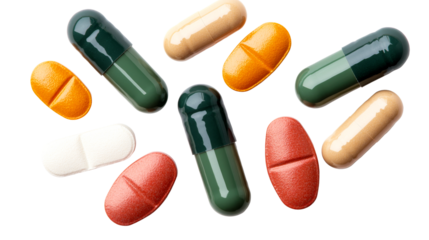 Colorful assorted medicine capsules and tablets on black, cut out transparent