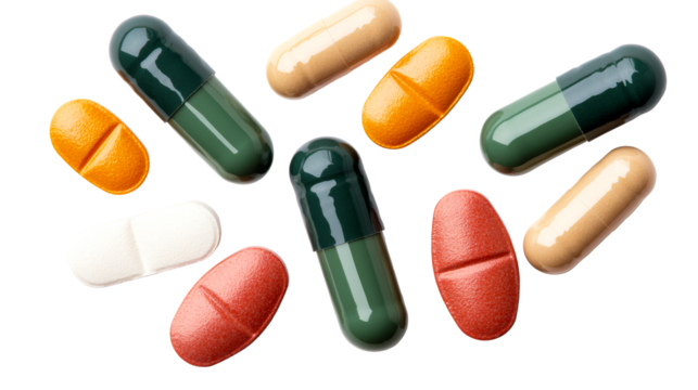 Colorful assorted medicine capsules and tablets on black, cut out transparent