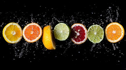 Citrus fruit slices in water splash on black background