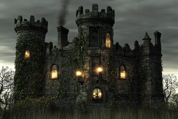 Fototapeta premium An enchanted castle with ivy-covered walls and a prominent clock tower standing tall against a clear blue sky.