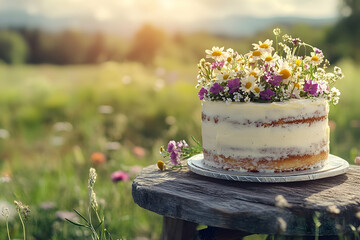 Rustic elegance, a naked cake adorned with wildflowers in a meadow setting