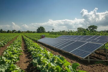 Rows of crops and solar panels in a verdant field under a blue, cloudy sky. Use it for depicting sustainable agriculture and renewable energy sources.