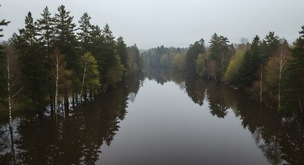 Obraz premium Ethereal forest scene reflected in tranquil waters creating a mirrored landscape