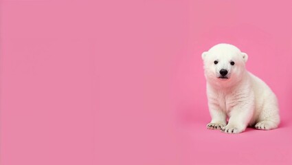 Cute Baby Polar Bear Cub Sitting on Pink Background with Copy Space