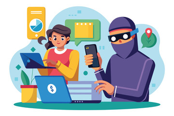 Phone scam, fraud or stealing money crime, cyber online safety hacking,  vector art design