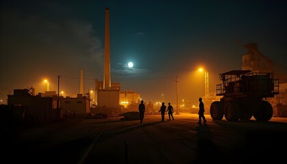 People Walking Towards an Industrial Factory Under a Full Moon