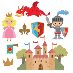 Medieval fairy tale princess, knight and red dragon vector cartoon illustration