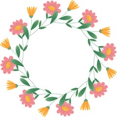 Colorful Floral Wreath with Blossoms. Floral wreath featuring colorful blooms and lush green leaves. For decorative design card, wedding invitation, seasonal holiday.