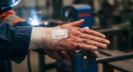 Injured Welder's Hand Bandaged with Adhesive Bandage in Industrial Workshop Setting