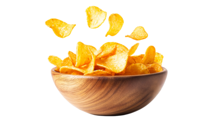 Crispy potato chips falling into wooden bowl, cut out transparent
