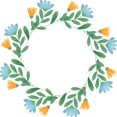 Floral Wreath with Yellow and Blue Flowers. Floral border featuring yellow and blue flowers with green leaves forming a circular pattern.  For wedding invitation, greeting card. Vector Illustration