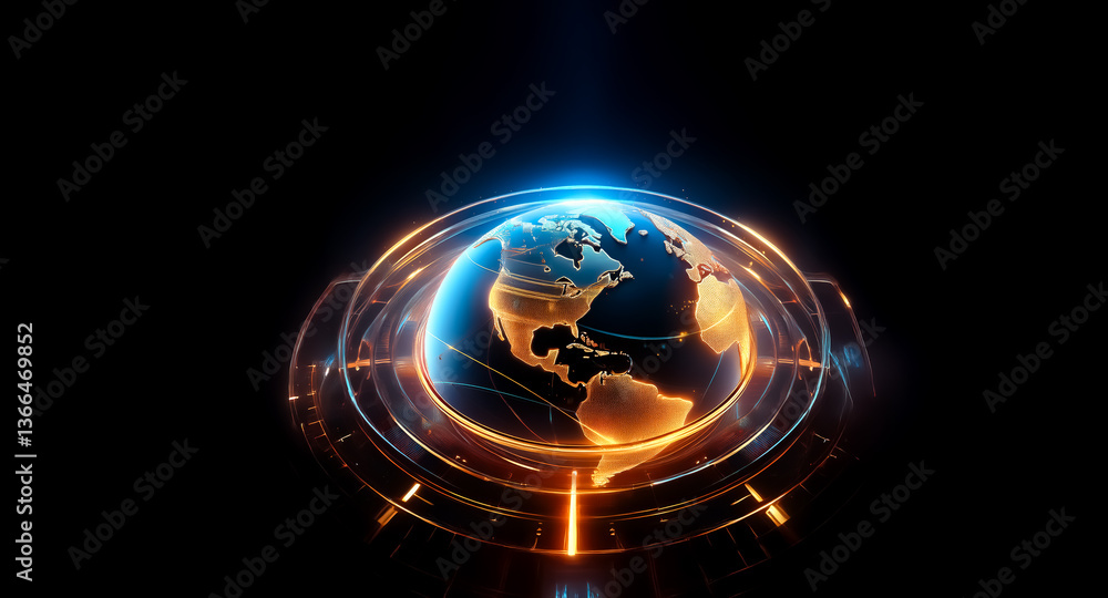 Poster glowing earth illuminated in blue and orange, set against a stark black backdrop. circular light pat
