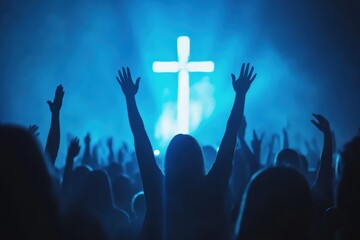 Silhouettes of people with their hands raised in worship, with the silhouette of a cross behind them and blue light shining down on it Generative AI