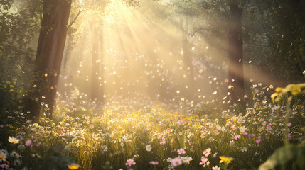 Golden sunlight filters through a tranquil forest awakening a carpet of wildflowers in a magical early morning scene with soft light and hazy atmosphere. Muted Awakening. Illustration