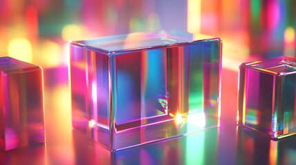 Prismatic Cubes: Abstract Colorful Glass Blocks Reflecting Light and Creating a Vibrant Optical Illusion, Modern Minimalist Aesthetic.